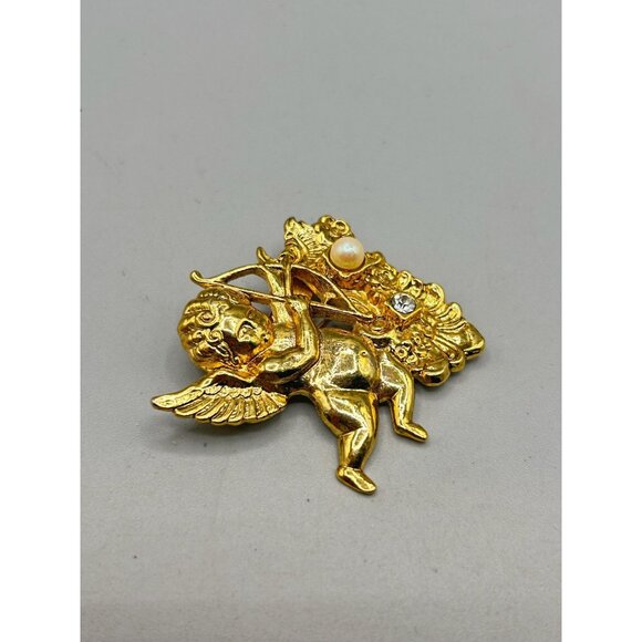 Vintage Gold Tone Cupid with Arrow Angel Brooch with Pearl & Rhinestone Accents - Picture 3 of 6